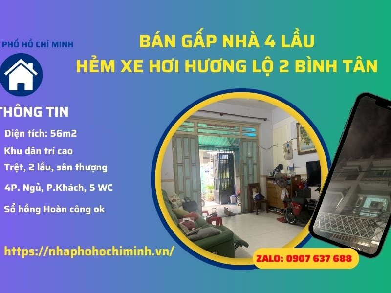 Bán Nhà Đẹp Hẻm Xe Hơi Hương Lộ 2 Bình Tân, 56m2, 4 Lầu BTCT, Giá Rẻ