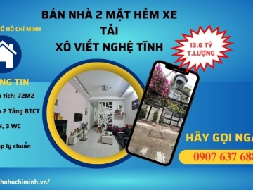 Bán Nhà 2 Mặt Hẻm Xe Tải Xô Viết Nghệ Tĩnh Bình Thạnh, 72m2, Không Lộ Giới